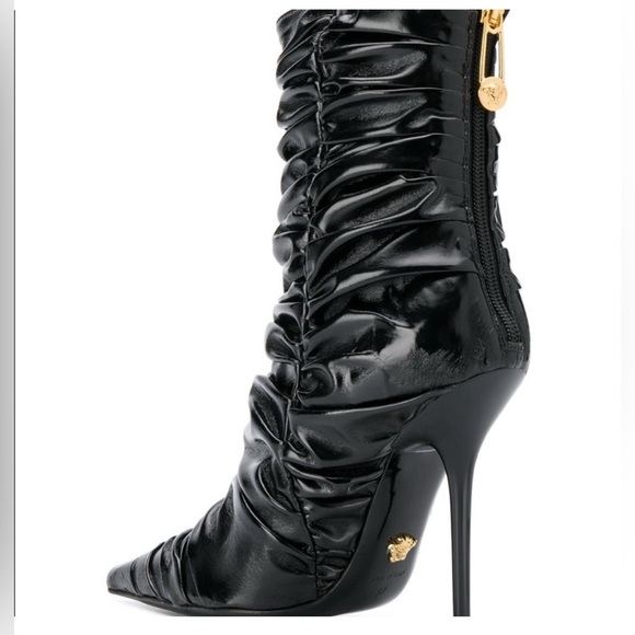 NIB Versace Safety Pin Ruched Ankle Booties Heels Black 37.5 - Picture 2 of 16